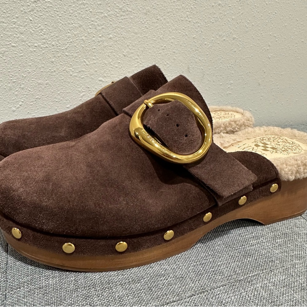 Vince Camuto Canzenee Chocolate Suede Mules with Gold Buckle - Picture 5 of 10